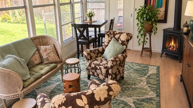 A cozy living room with a fireplace, comfortable seating, and a view of the outdoors.