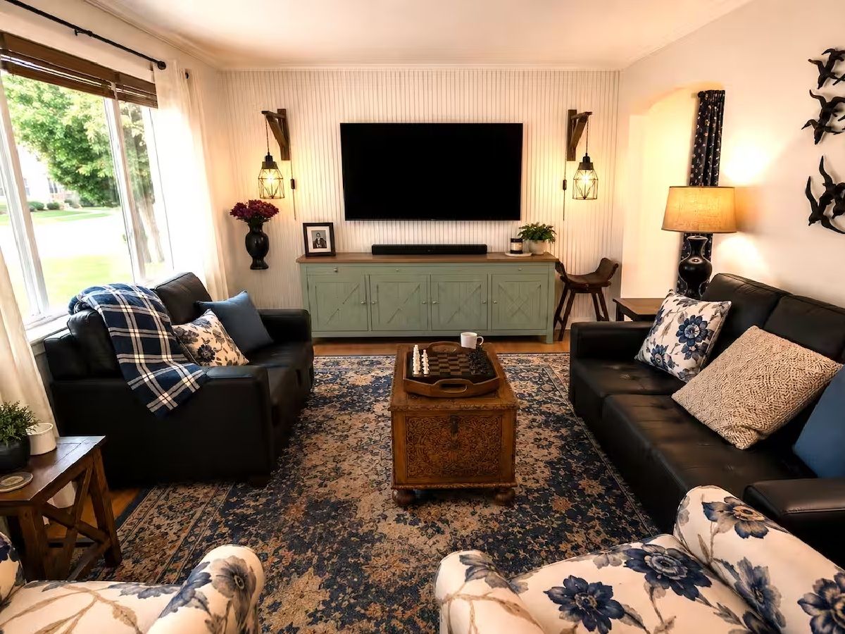 A living room with a large flat-screen TV, two sofas, a coffee table, and a patterned rug.