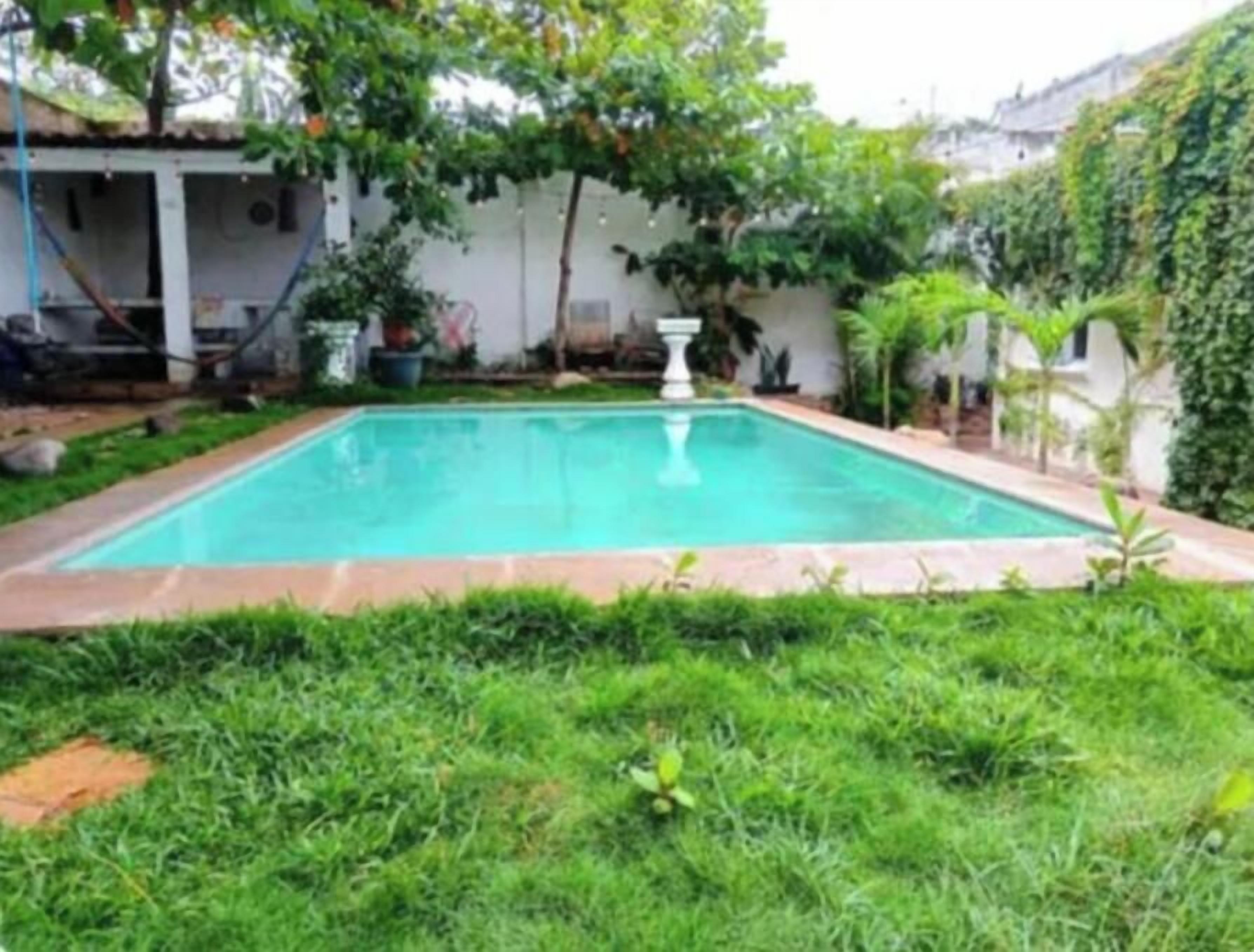A rectangular swimming pool with a white fountain in the center, surrounded by lush greenery and a white wall.