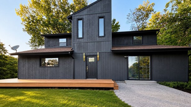 A modern two-story house with a flat roof, large windows, and a wooden deck. - Modern 4-bedroom house  with Country Vibes. (Belton)