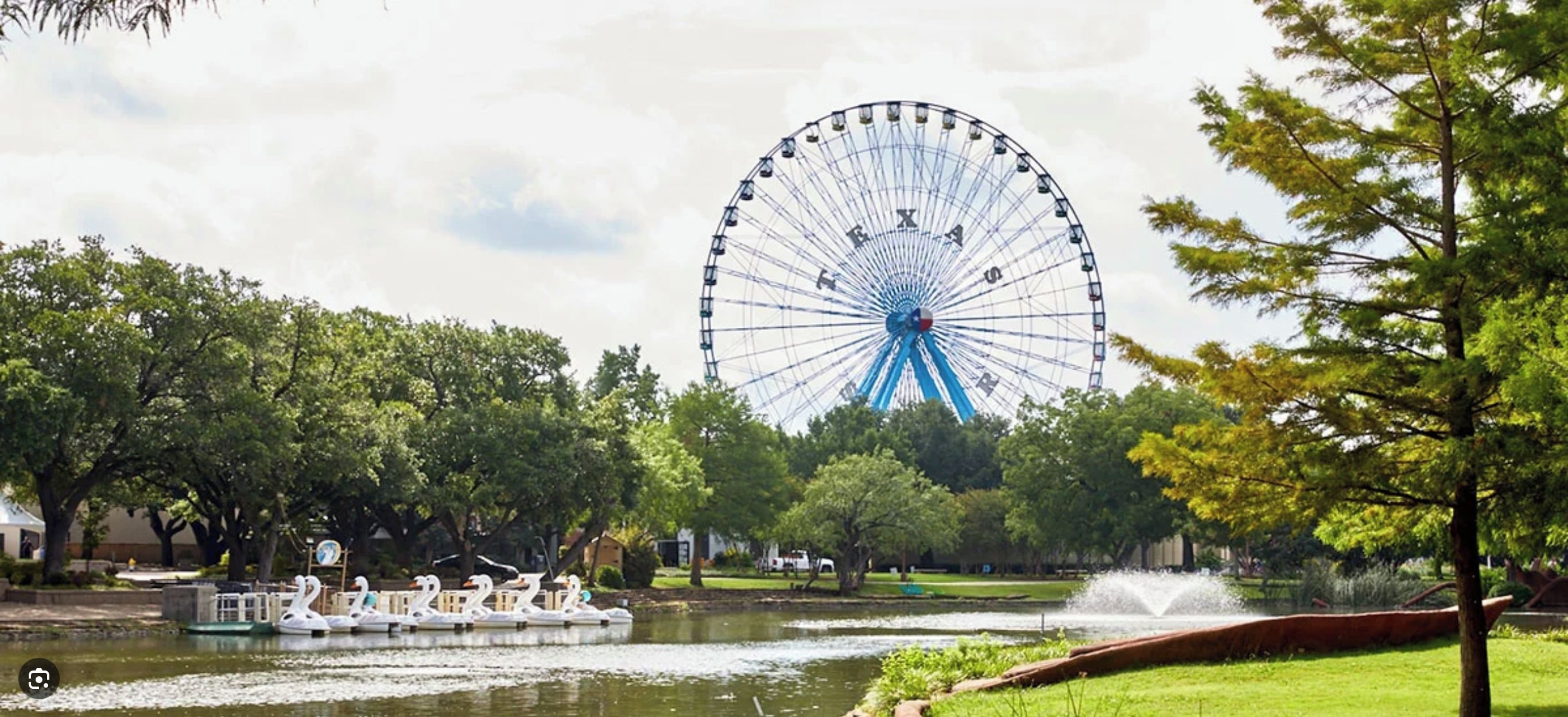 A park with a Ferris wheel, a pond with swan-shaped boats, and trees.