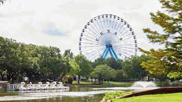 A park with a Ferris wheel, a pond with swan-shaped boats, and trees.