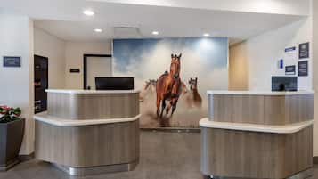 Una zona de recepción con dos mostradores de madera, un televisor montado y un mural en la pared con caballos.