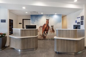 Un espace d’accueil comprenant deux comptoirs de réception en bois, un téléviseur fixé au mur et une fresque murale représentant des chevaux.