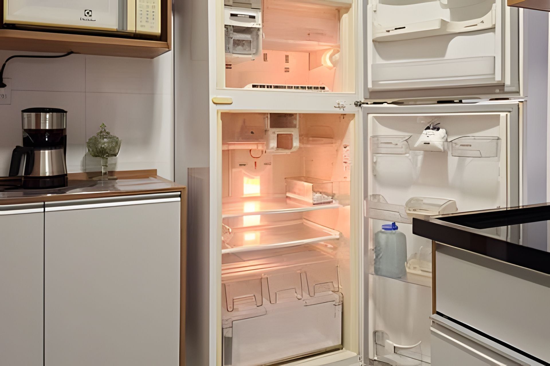 Una cocina moderna con un refrigerador empotrado y una cafetera sobre la encimera.
