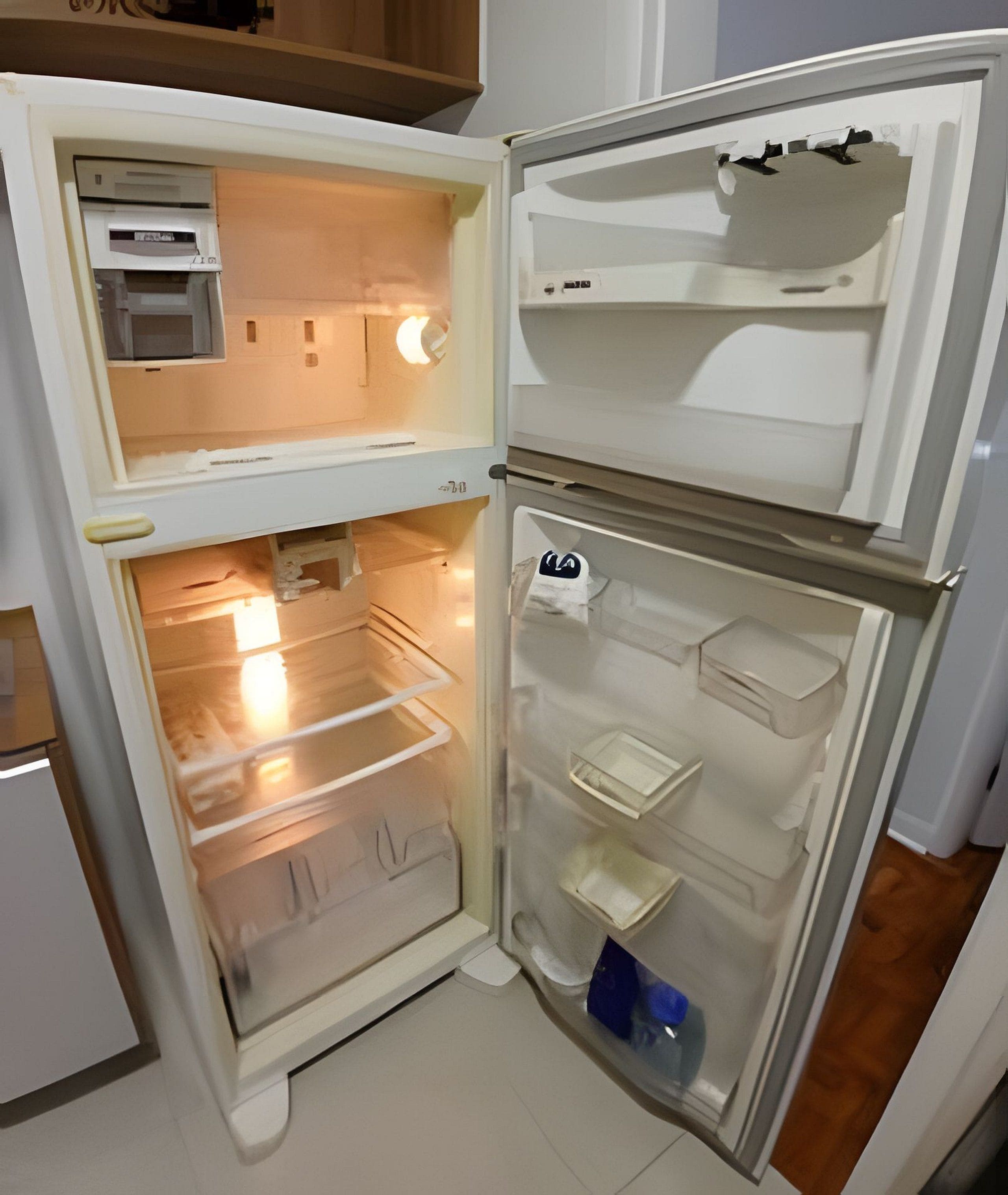 A two-door refrigerator with a freezer compartment on top and a main compartment below.