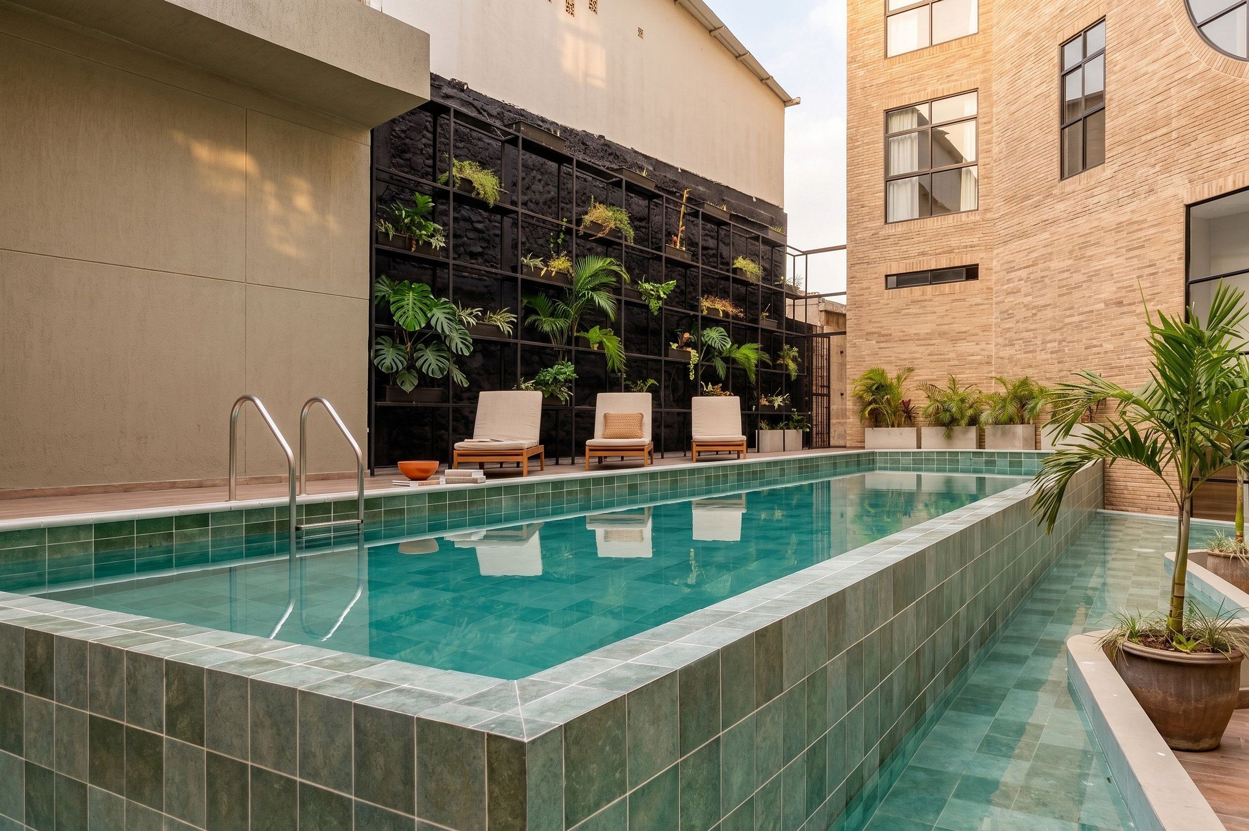 A rectangular swimming pool with a tiled edge, surrounded by lounge chairs and a planter with greenery.