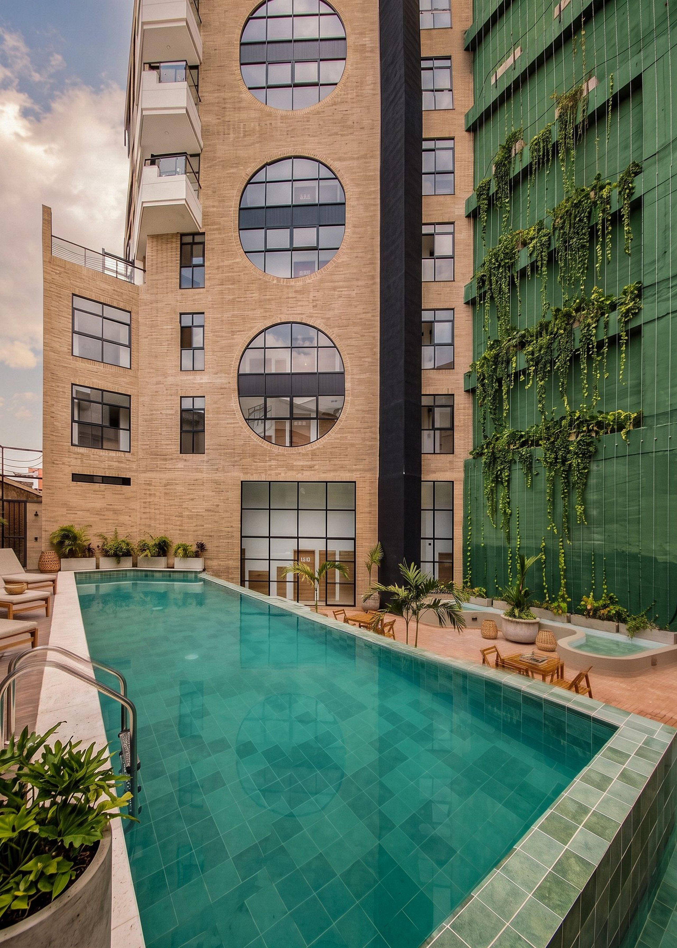 Um edifício moderno com piscina, área de estar ao ar livre e vegetação.