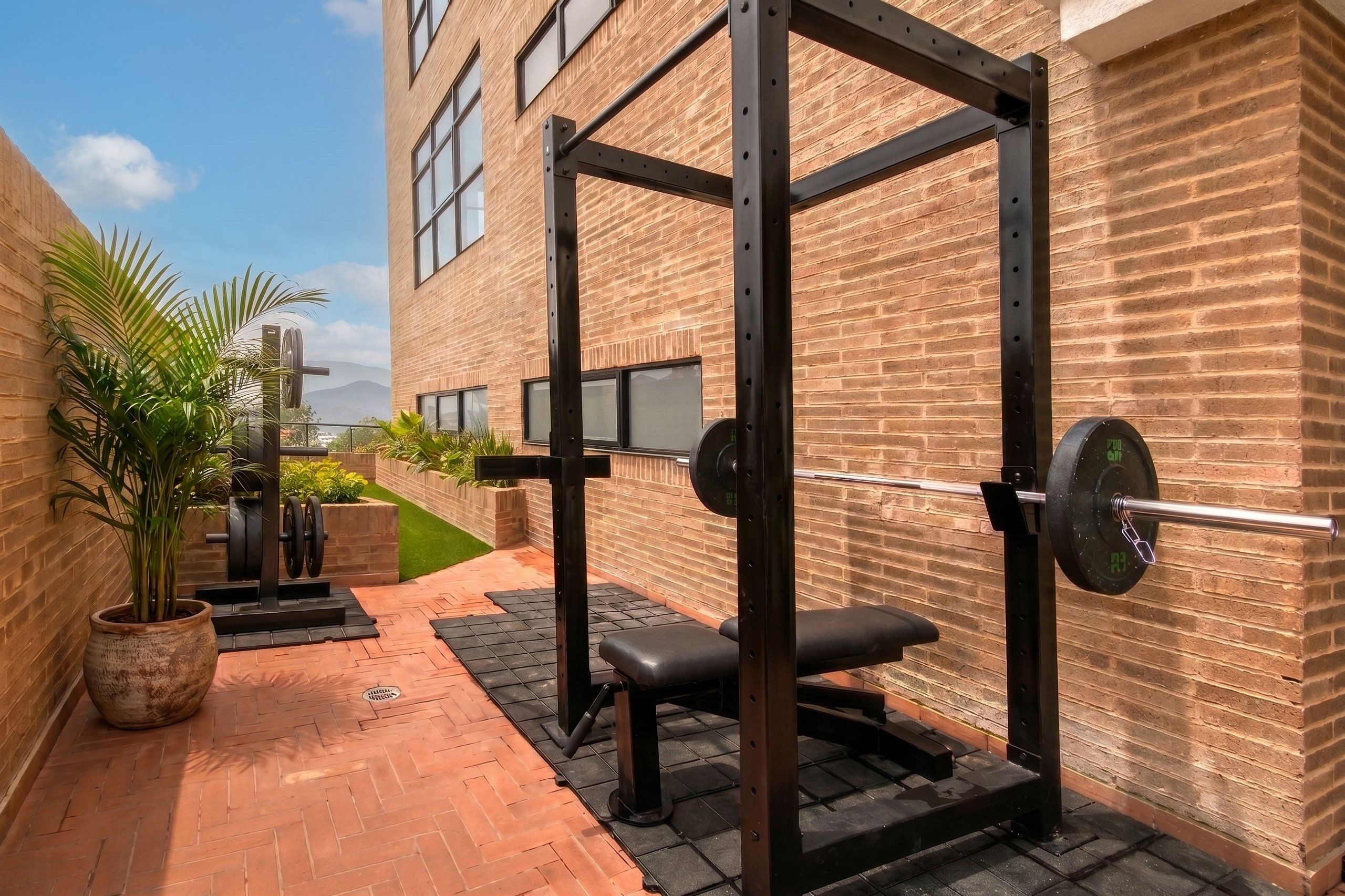 Zona de pesas con un rack para sentadillas, banco y barras.
