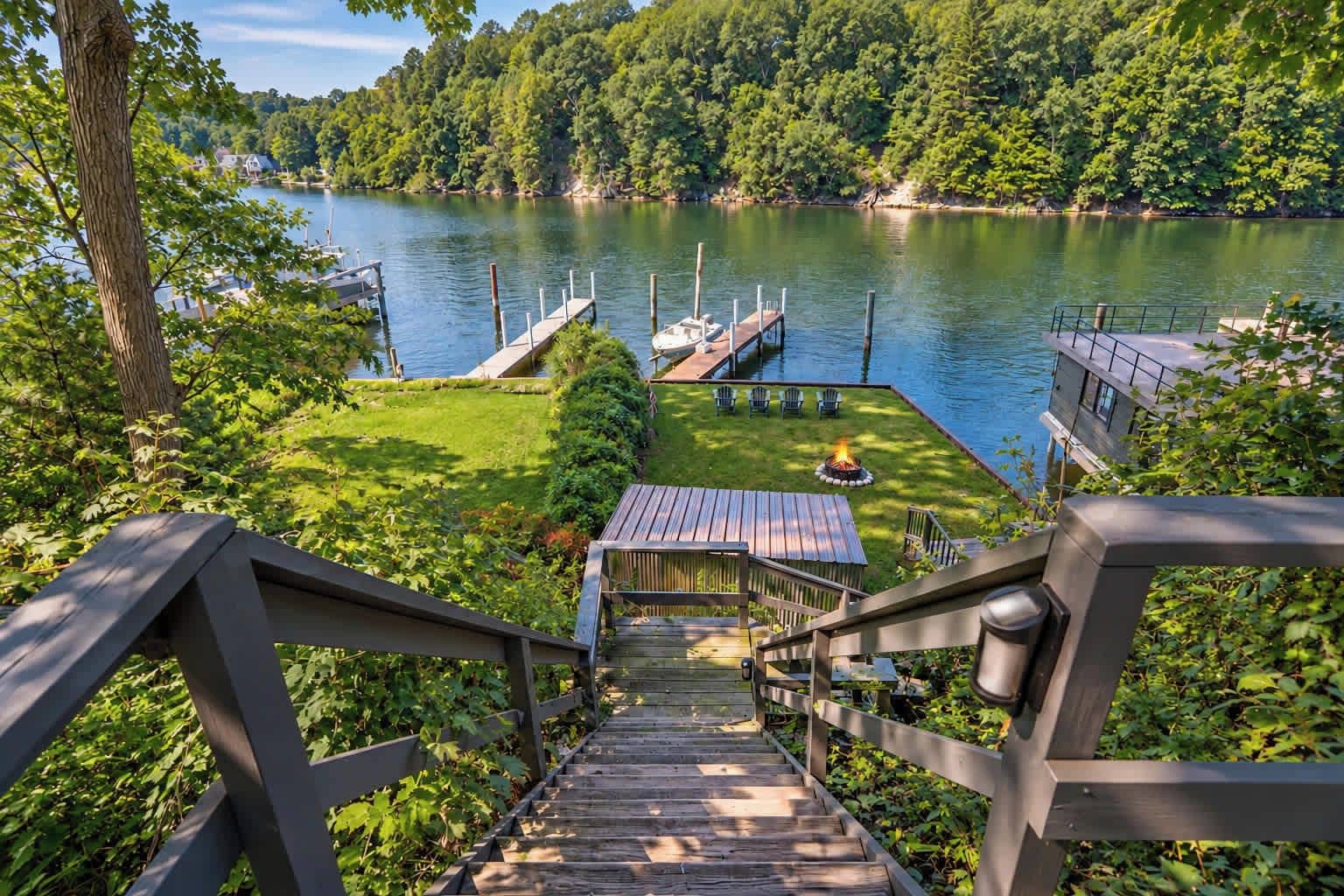 A wooden staircase leading to a dock with a grassy area and a fire pit.