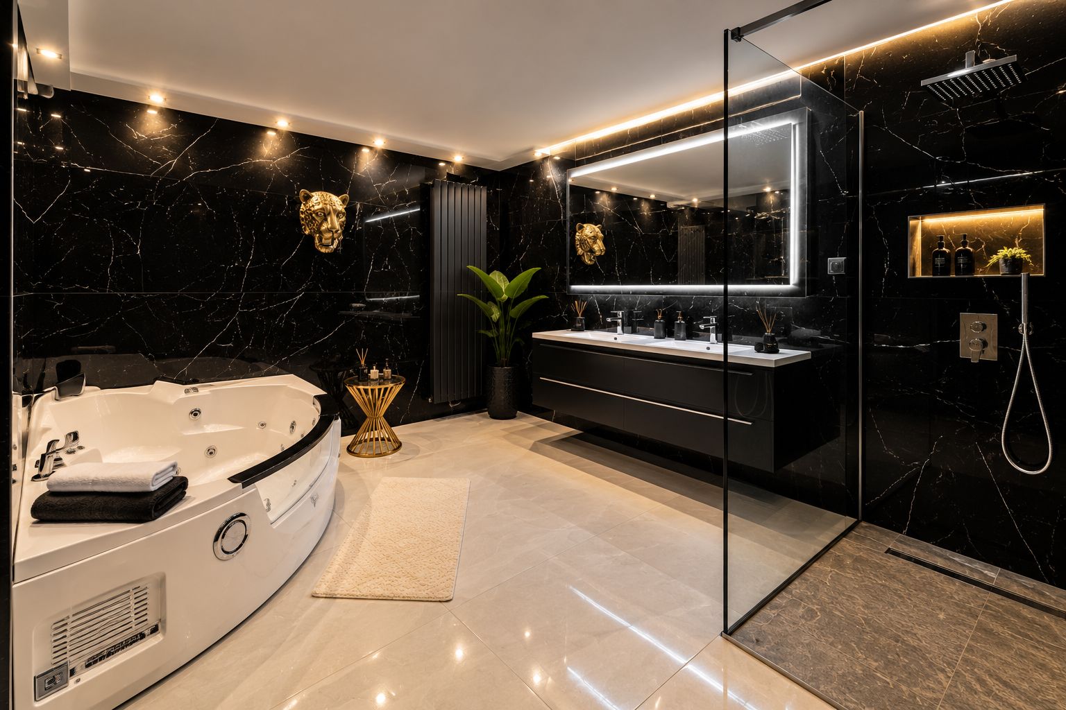 Ein modernes Badezimmer mit Marmorwaschtisch, freistehender Badewanne und einer Duschkabine.