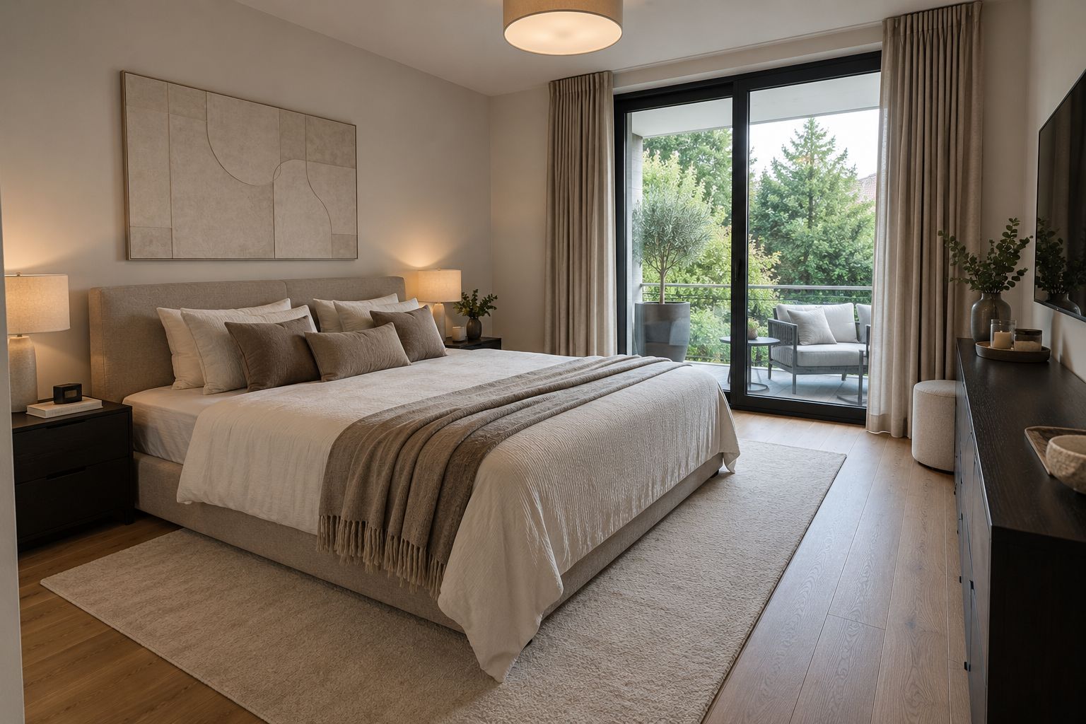 A modern bedroom with a large bed, a nightstand, a bedside table, a lamp, a window with curtains, and a view of greenery outside.
