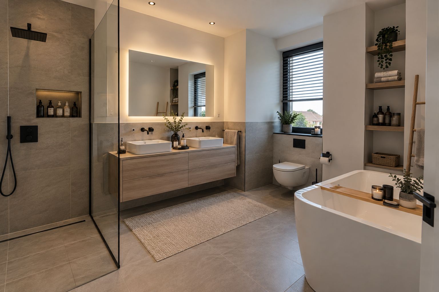 Un baño moderno con ducha envuelta en vidrio, tocador doble, inodoro y bañera.