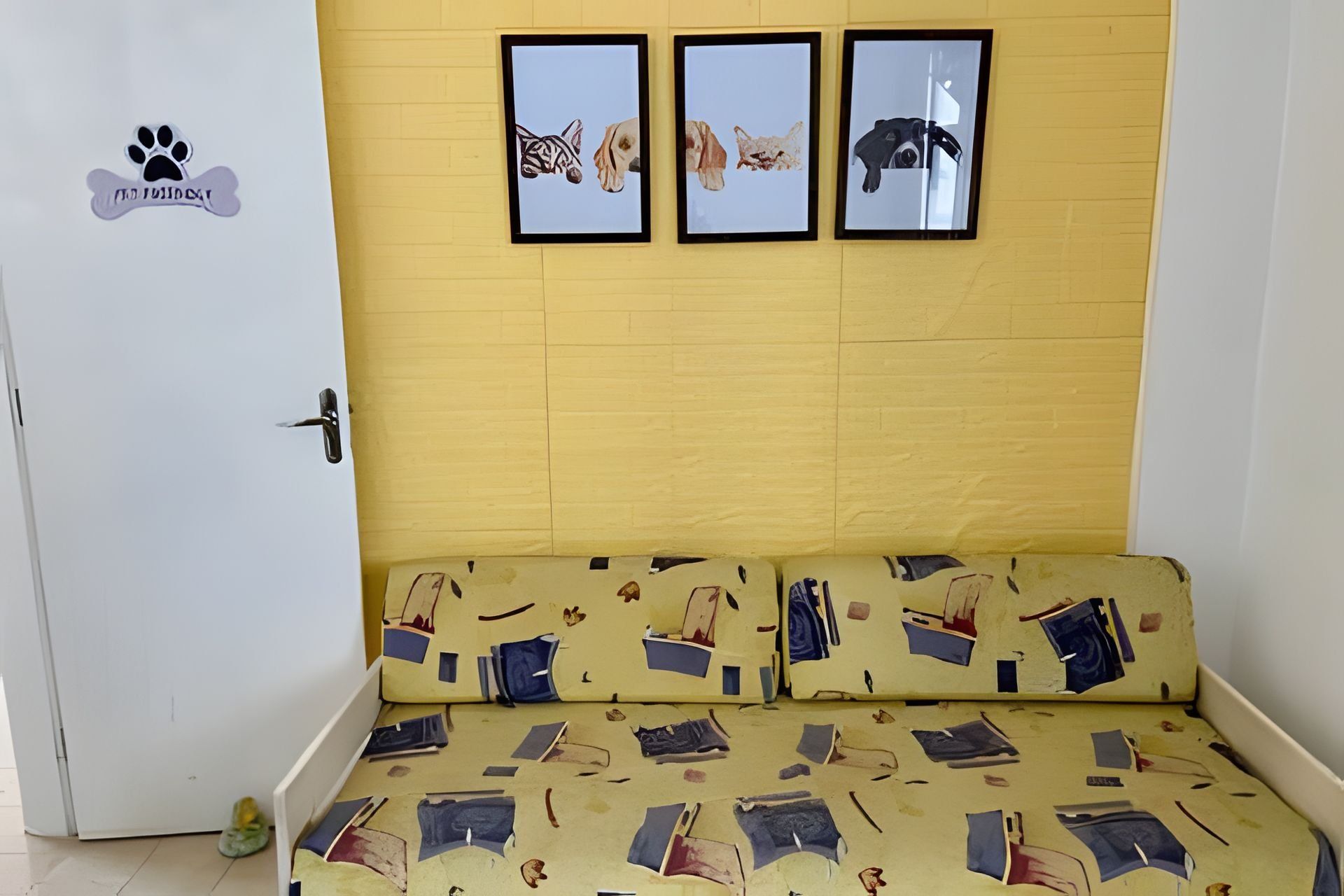 Una habitación con una pared amarilla, una puerta blanca y un sofá con funda estampada. Encima del sofá, hay tres cuadros enmarcados en la pared.