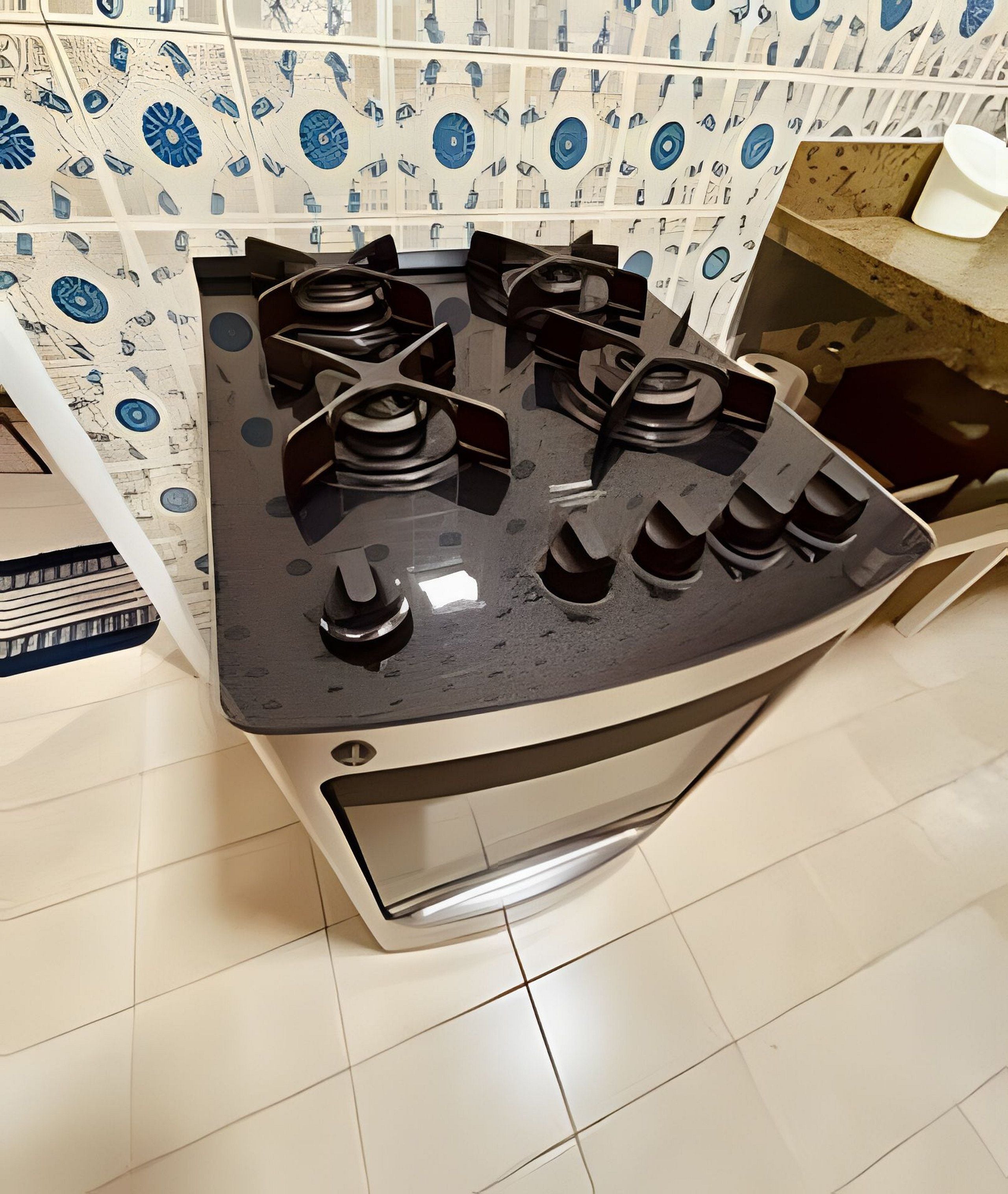 Una cocina con estufa a gas, azulejos blancos y un salpicadero decorado.