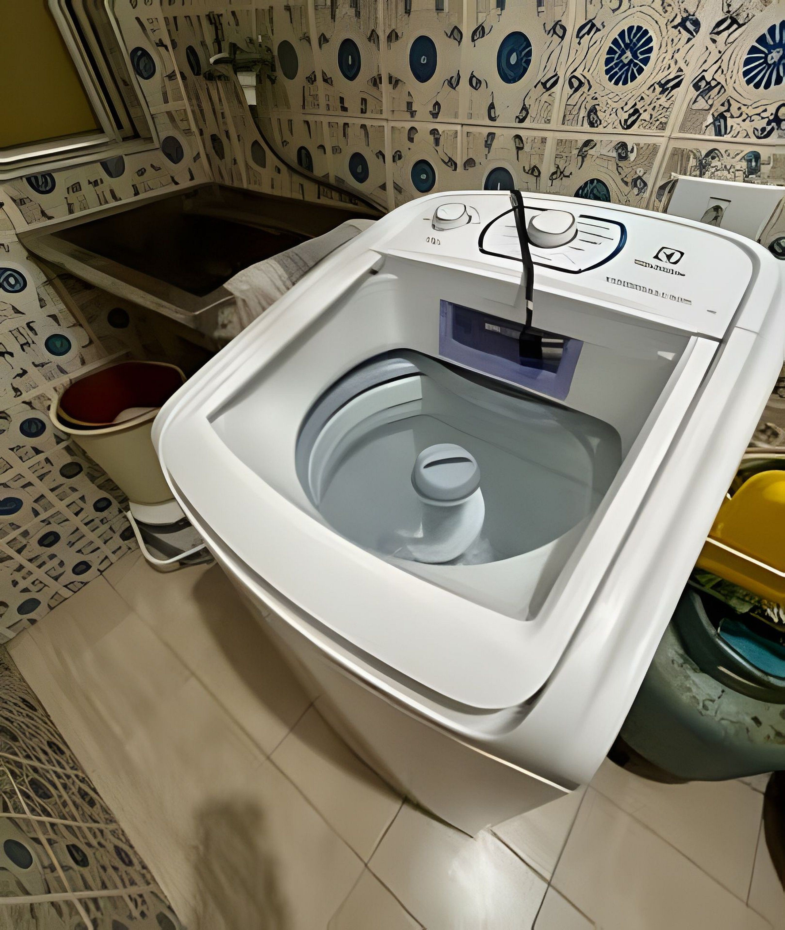 A front-loading washing machine with a control panel, a white sink, and patterned tiles on the wall.