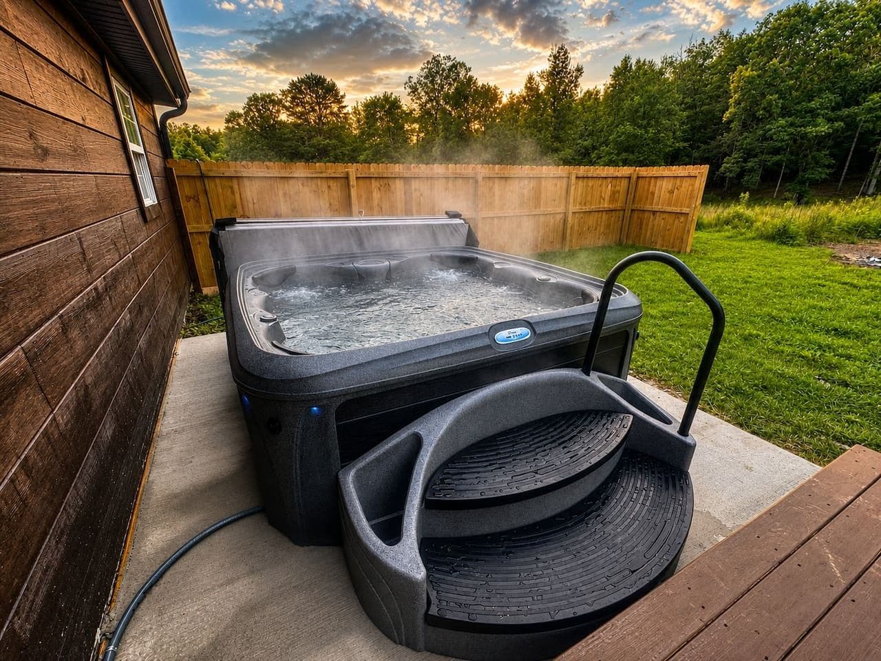 Un bain à remous avec une terrasse en bois et une clôture en bois en arrière-plan.