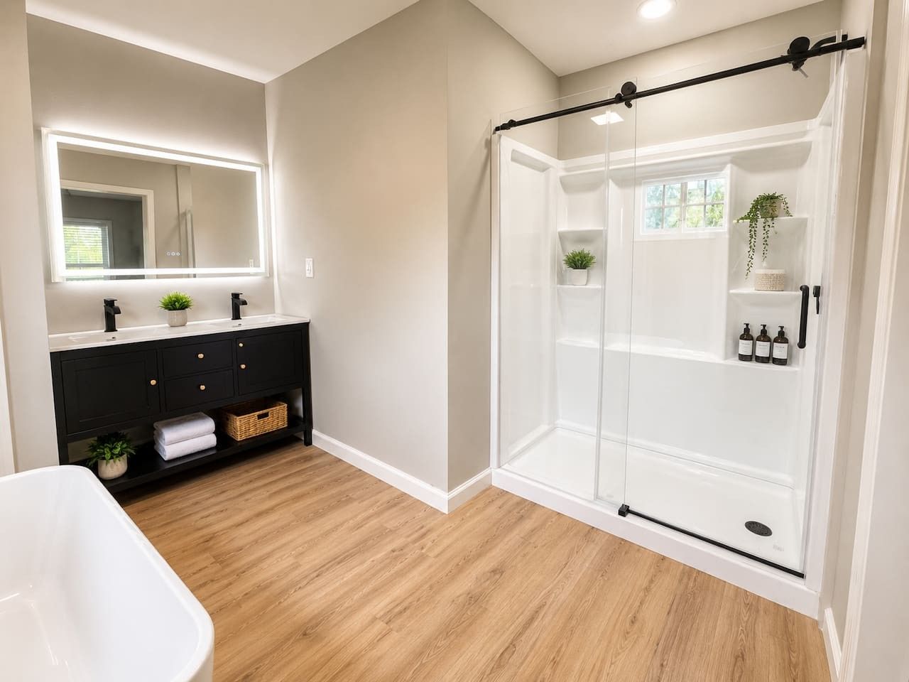 Une salle de bain moderne avec une douche à parois de verre, une baignoire blanche et un meuble-lavabo noir avec un miroir.