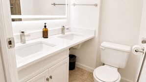 A bathroom with a white sink, a mirror, a toilet, and a trash bin. - New! CMU Getaway | Near Campus & Soaring Eagle (Mount Pleasant)