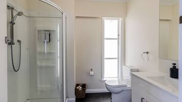 A bathroom with a glass-enclosed shower, a toilet, and a sink with a mirror.