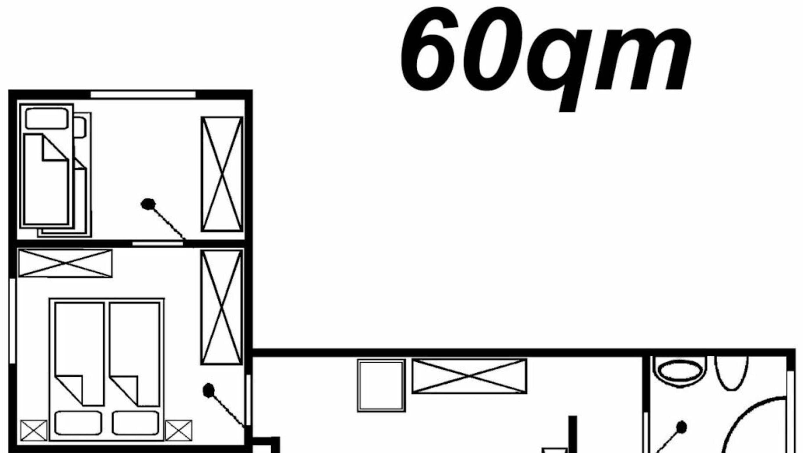 A floor plan with a 60sqm area, including a kitchen, dining area, and two bedrooms.