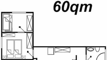 A floor plan with a 60sqm area, including a kitchen, dining area, and two bedrooms.