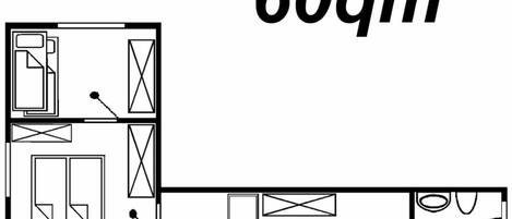 Plano de planta con un área de 60 metros cuadrados, que incluye cocina, comedor y dos habitaciones.