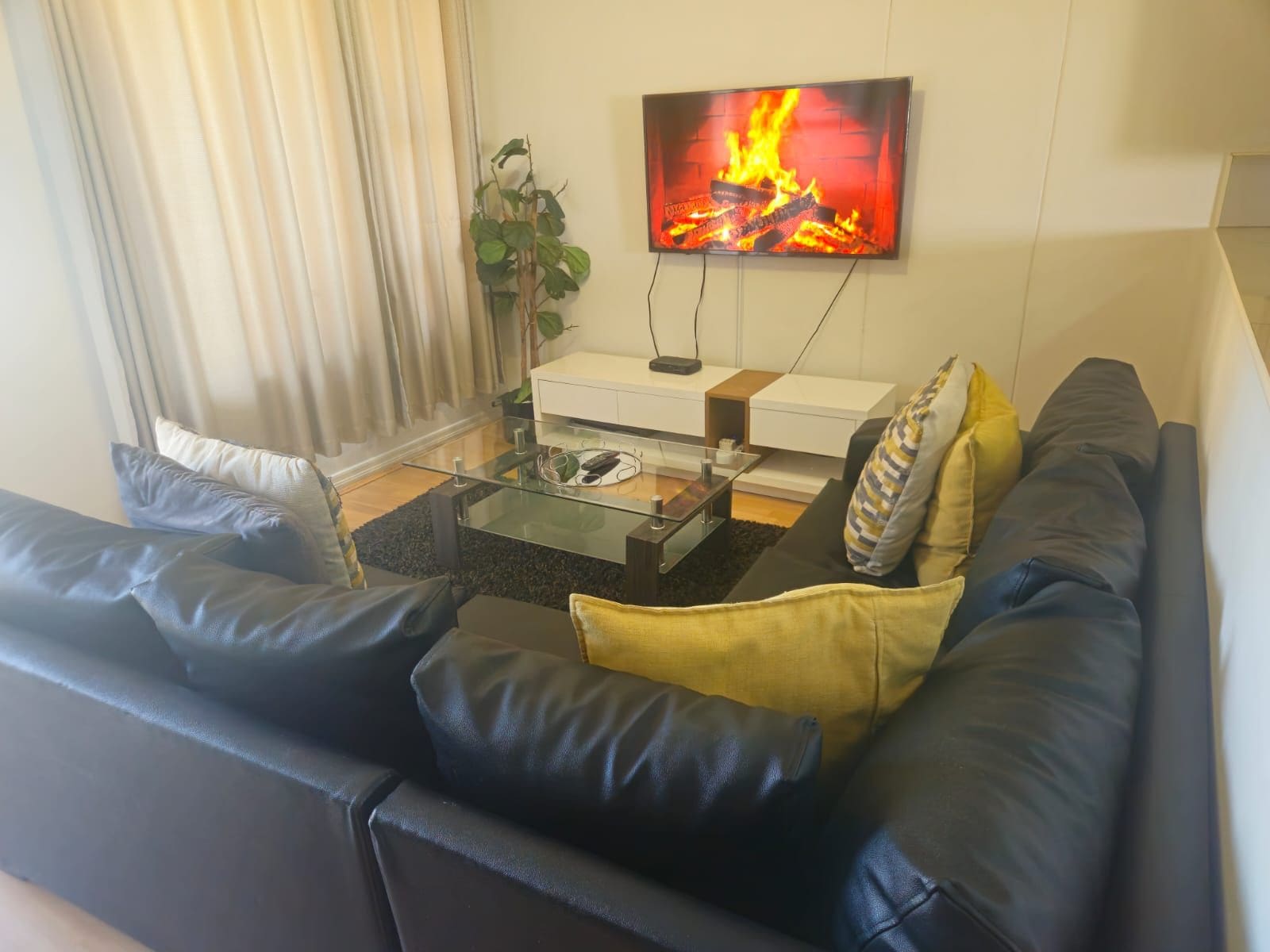 Una sala de estar con una mesa de centro de vidrio, un sofá de cuero negro, un televisor de pantalla plana montado en la pared y una planta en maceta.
