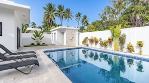 Un espace piscine moderne avec une piscine à l’eau d’un bleu limpide, un mur blanc orné de plantes tropicales et une porte donnant sur un patio abrité.