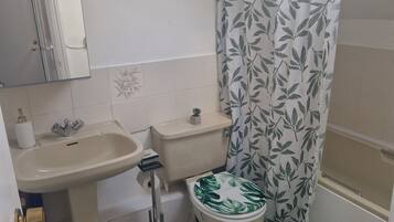 A small bathroom with a toilet, sink, and shower curtain.