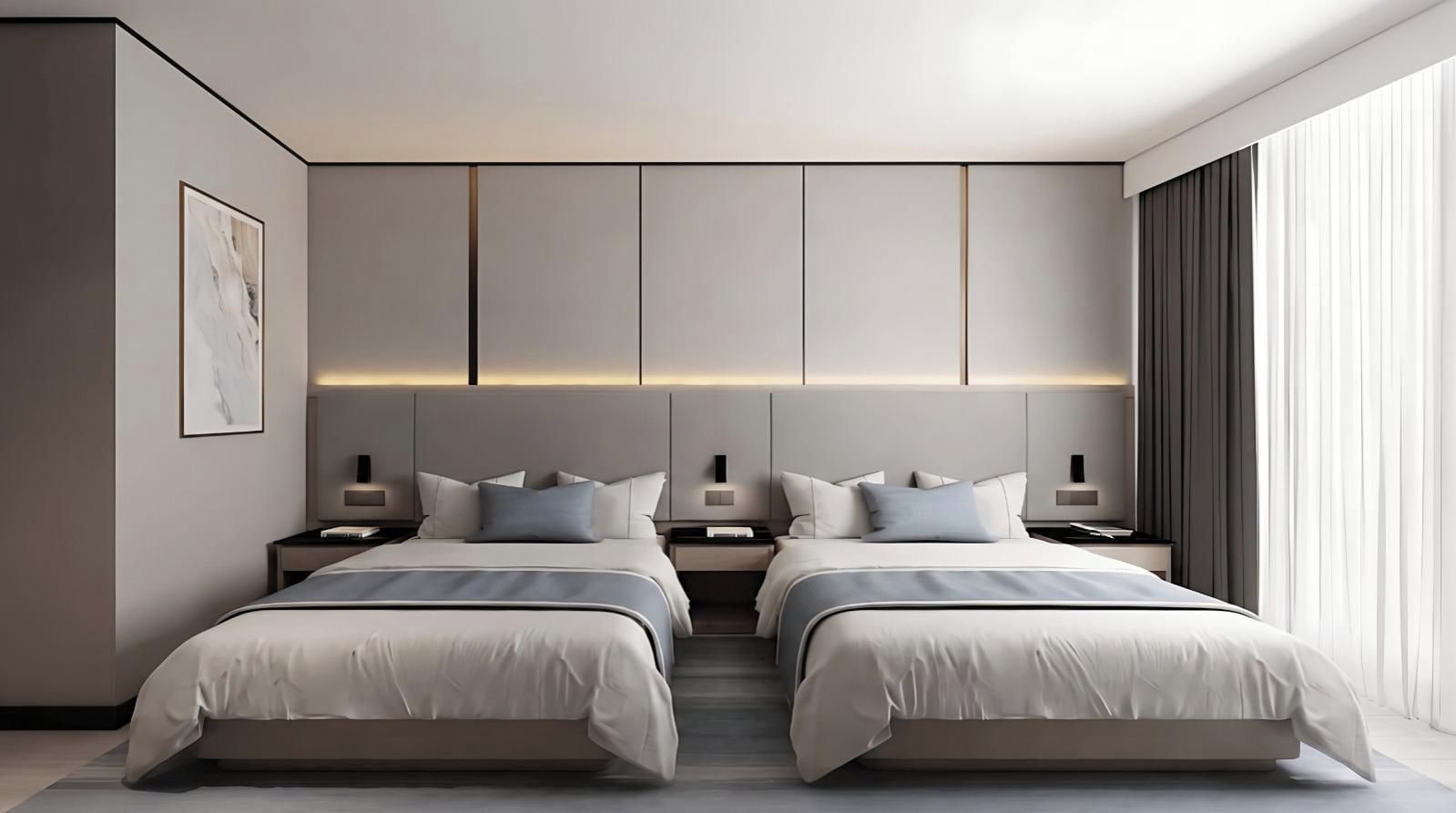 A modern bedroom with two beds, nightstands, and a large window with curtains.