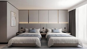A modern bedroom with two beds, nightstands, and a large window with curtains. - Aura Hotel & Suites  (Mississauga)