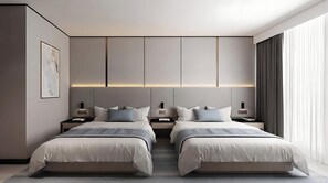 Un dormitorio moderno con dos camas, mesitas de noche y un amplio ventanal con cortinas.