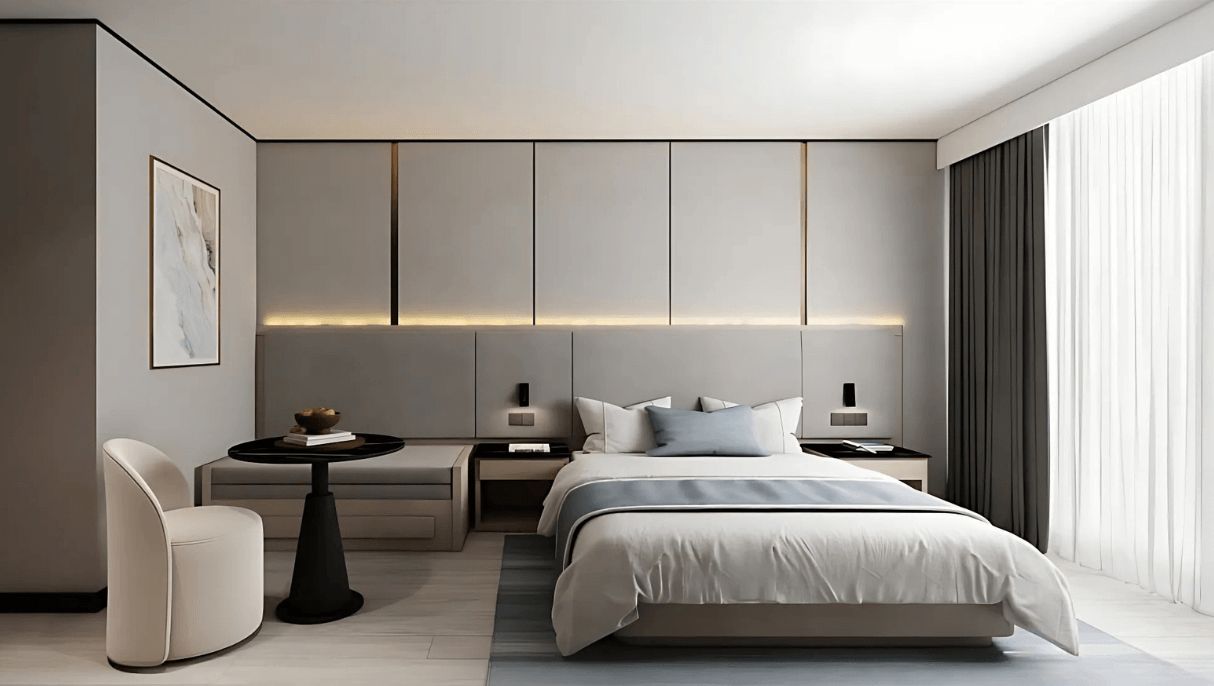 Una habitación de hotel moderna con una cama, mesitas de noche, una silla y una pequeña mesa.