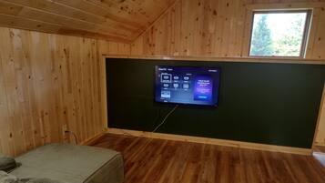 A room with a flat-screen TV mounted on a wall, wooden flooring, and a green couch.