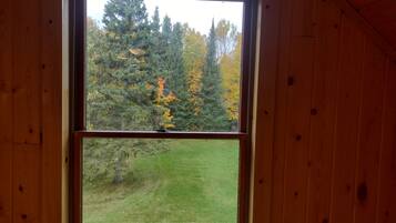 A window with a view of a forest and a grassy field.
