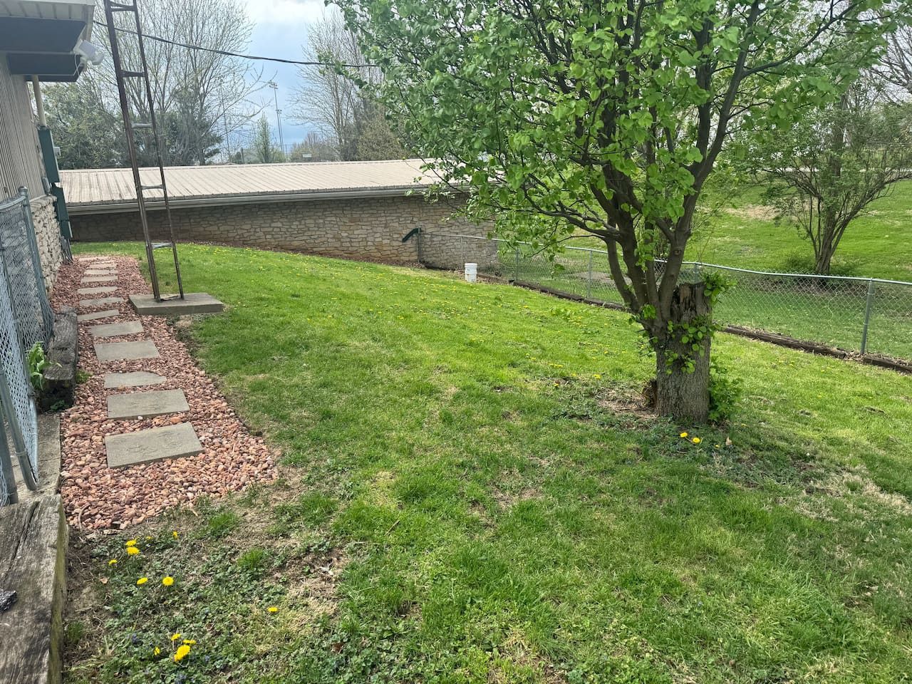 Ein grünes Hinterhof mit einem Kiesweg, einem Baum und einer Steinsäule.