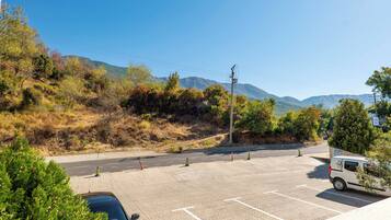 A parking lot with marked spaces, a white van, and a mountainous backdrop.