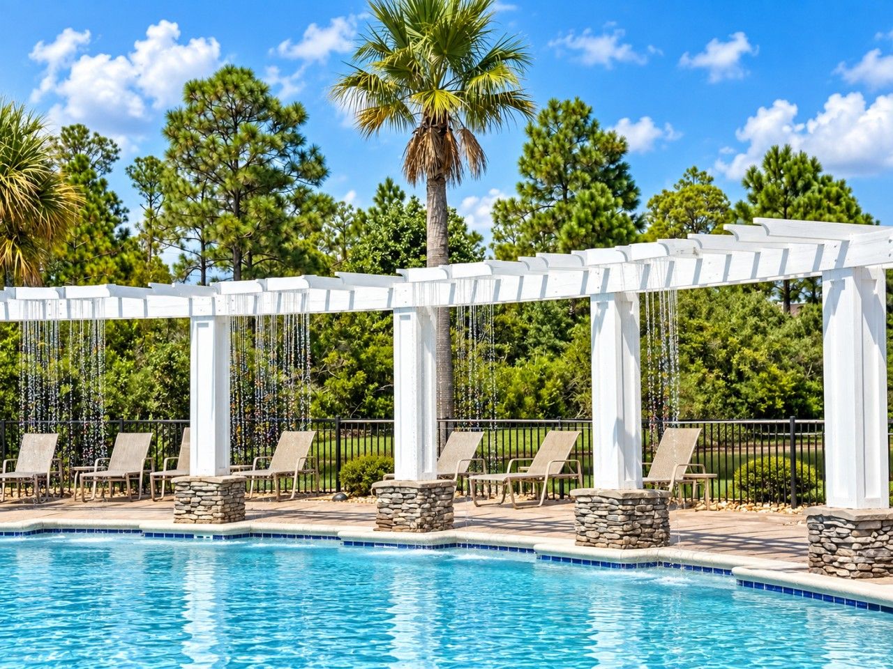 A pool area with lounge chairs and a pergola structure.