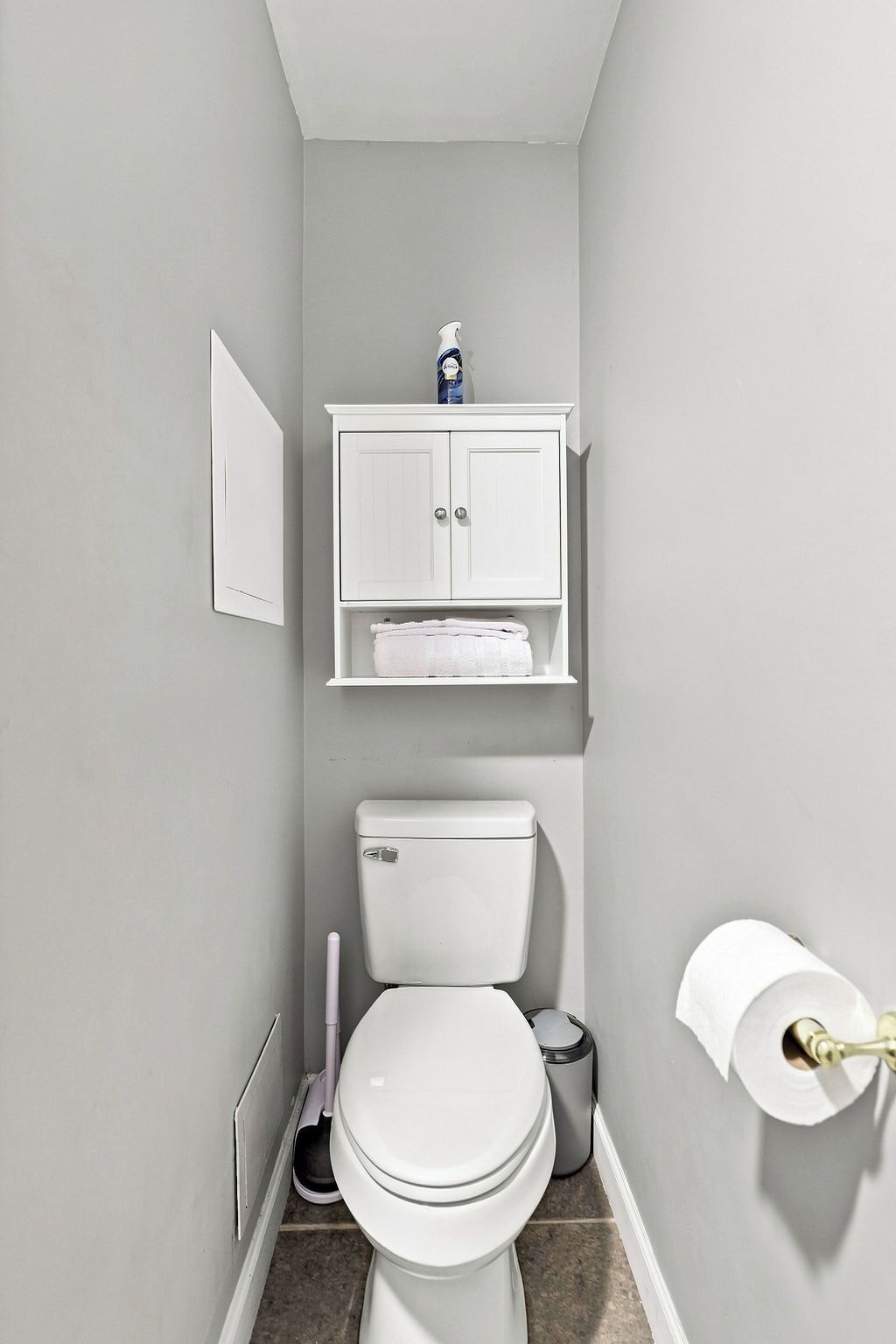 Ein kleines, schmales Badezimmer mit Toilette, einem weißen Schrank darüber und einer Toilettenpapierrolle rechts.