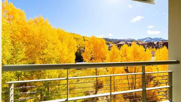 A balcony with a metal railing overlooking a mountainous area with autumn-colored trees and a clear sky.