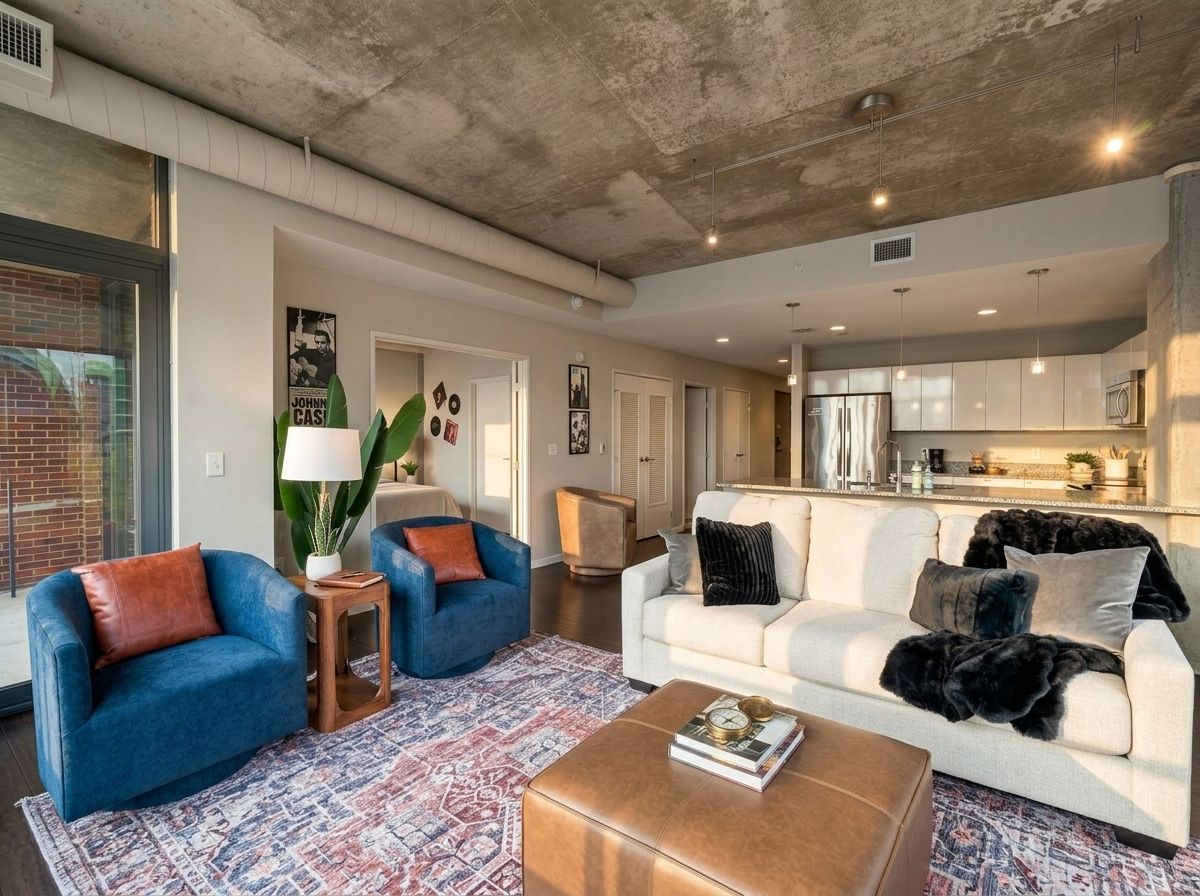 A modern living room with a blue sofa, a white sofa, and a coffee table. There is a kitchen in the background.