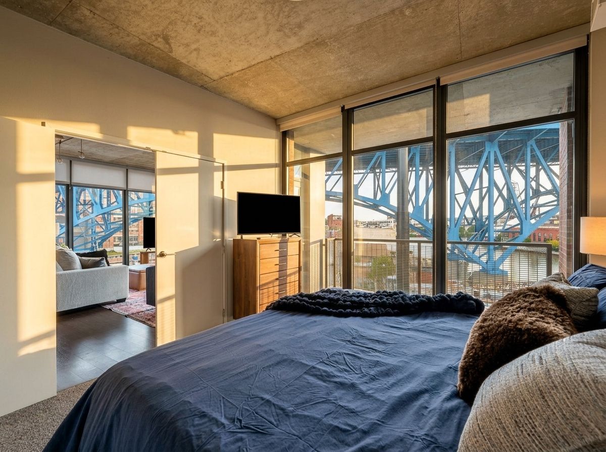 A modern bedroom with a large bed, a television, and a view of a blue bridge outside.