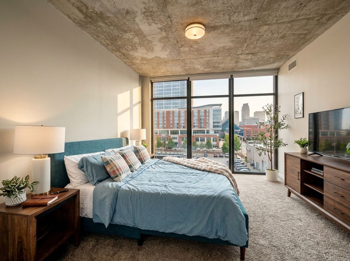 Un dormitorio con una cama grande, televisión, escritorio y vista a un paisaje urbano a través de amplias ventanas.
