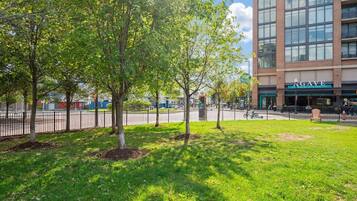 A grassy area with trees and a building with a sign that reads 'AGAVE SOCIAL KITCHEN'.