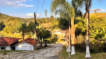 Une rue de campagne bordée de maisons, de palmiers et offrant un paysage vallonné.