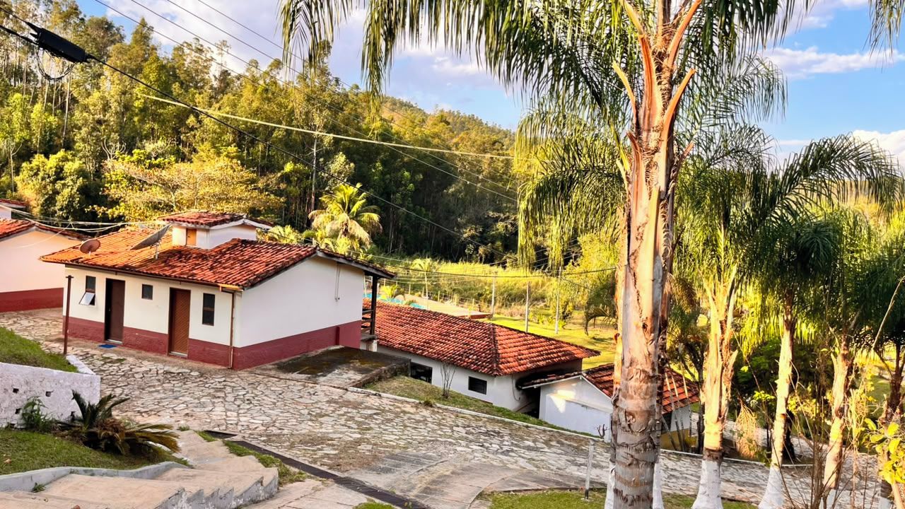 A residential area with houses, a cobblestone street, and lush greenery.