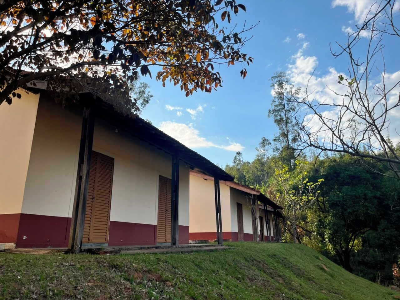 A building with a series of rooms, each with a door and a window. The building has a flat roof and is surrounded by greenery.