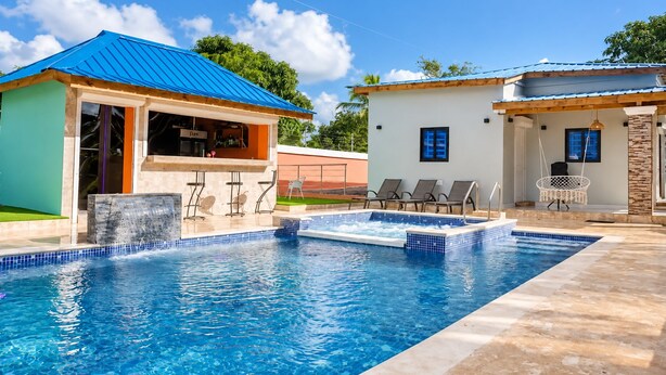 Ein Swimmingpool mit Bar, Liegestühlen und einer Hängematte.