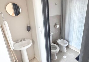 A bathroom with a sink, two toilets, a mirror, and a shower area. - Amanecer del Fuego VII (Ushuaia)